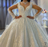 White V Neck Long Sleeves Full Beading Wedding Dress OS3943 - Wedding & Bridal Party Dresses $1,599.99